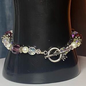 Sterling Silver Toggle Bracelet w/ Purple Crystal, AB Glass & Pearl Beads